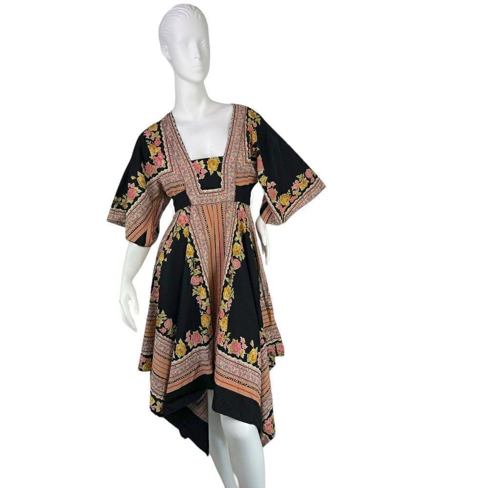 Blue Plate Retro 70s Handkerchief Hem Boho Floral Cotton Dress Size Small